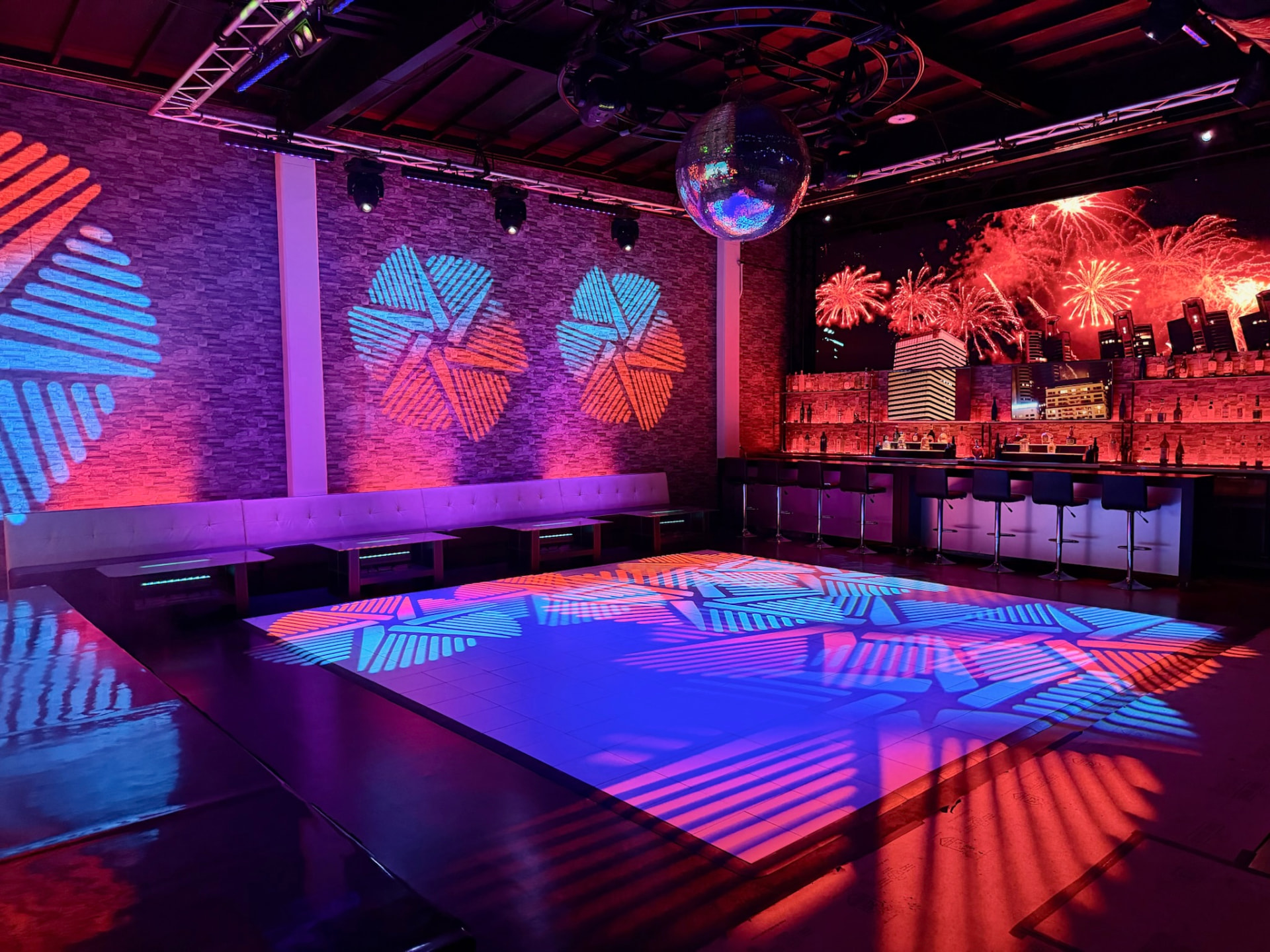 Custom patterns across walls and floor.