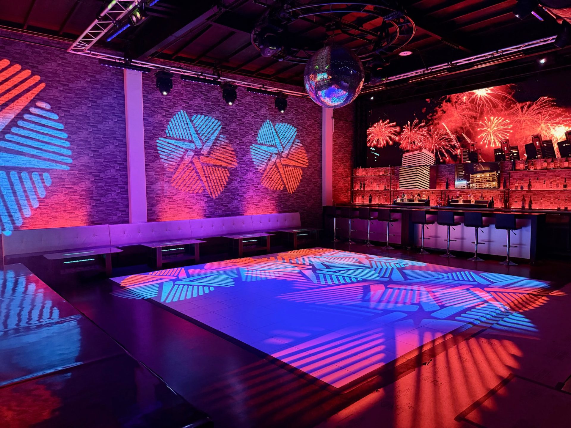 Custom patterns across walls and floor.